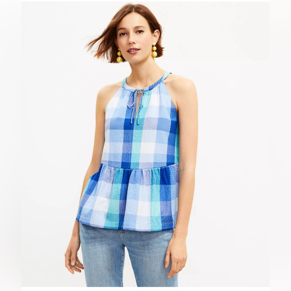 Loft Plaid Keyhole Peplum Halter Top size medium